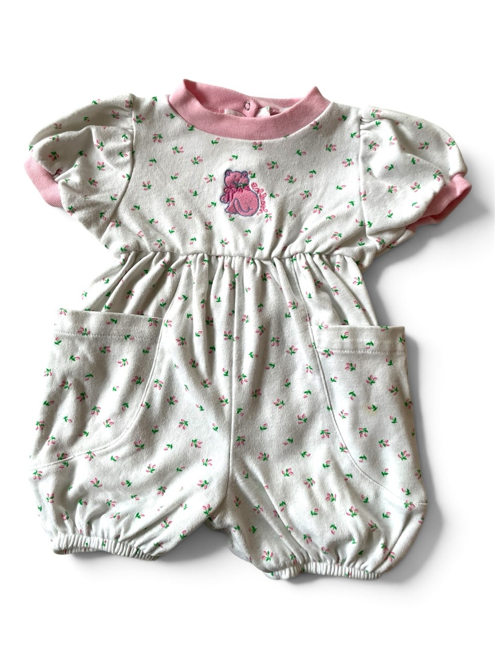 OSHKOSH BGOSH VINTAGE 80s Romper Jumper Pants Shirt Kitten Kitty Cat Pink White
